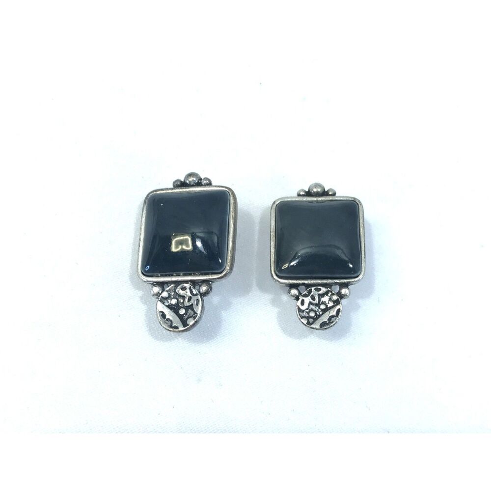 Vintage clip on earrings, dark green gray, square 1 inch